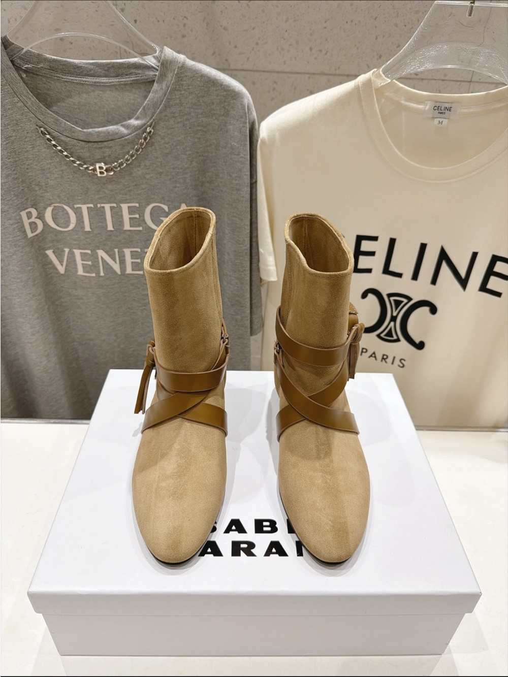 Isabel Marant Tan Suede Ankle Boots with Leather Wrap Straps